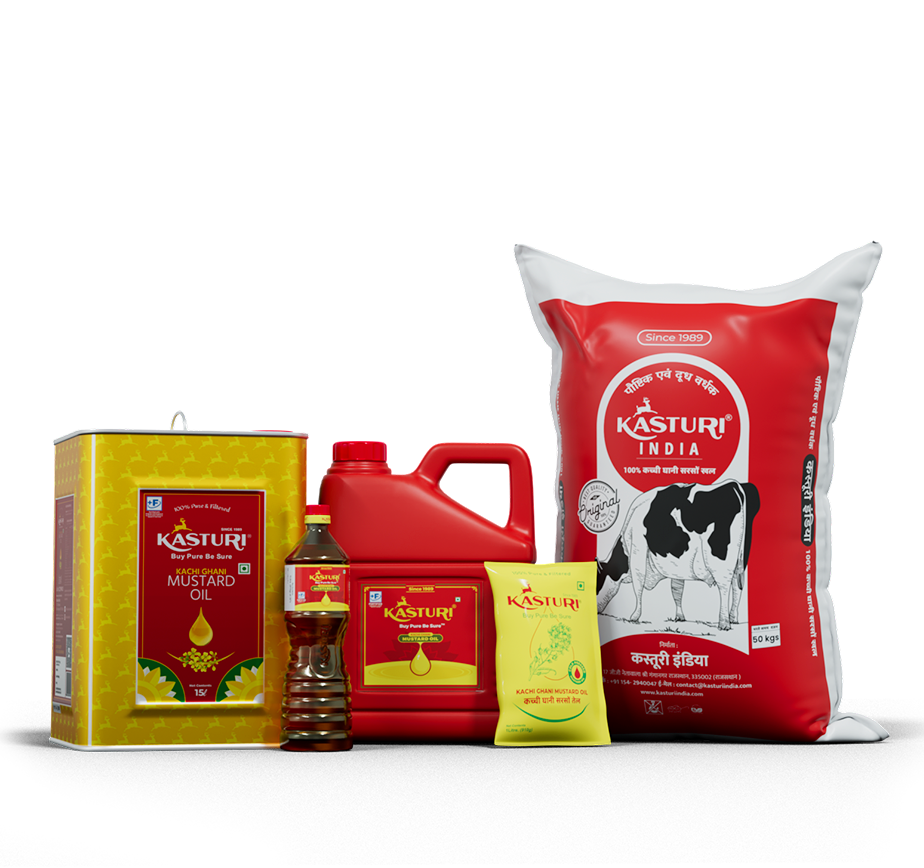 The full Kasturi range: gold tin, red jerry can, oil bottle, pouch and a 50kg mustard oil cake bag