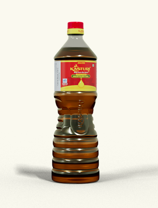 Kasturi India clear PET bottle of Kachi Ghani mustard oil, sold from 100 ML to 5 L
